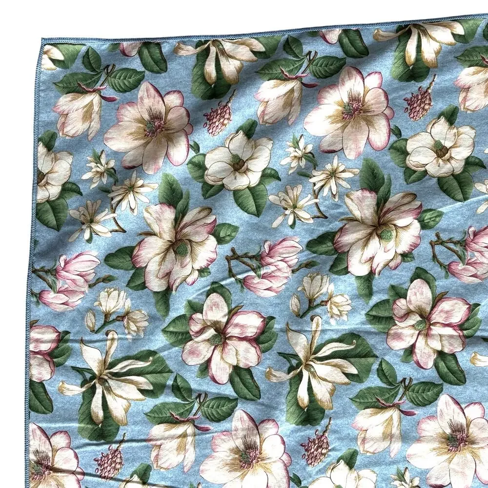 Blue & pink magnolia flowers tablecloth with greenery farmhouse cottage cabin